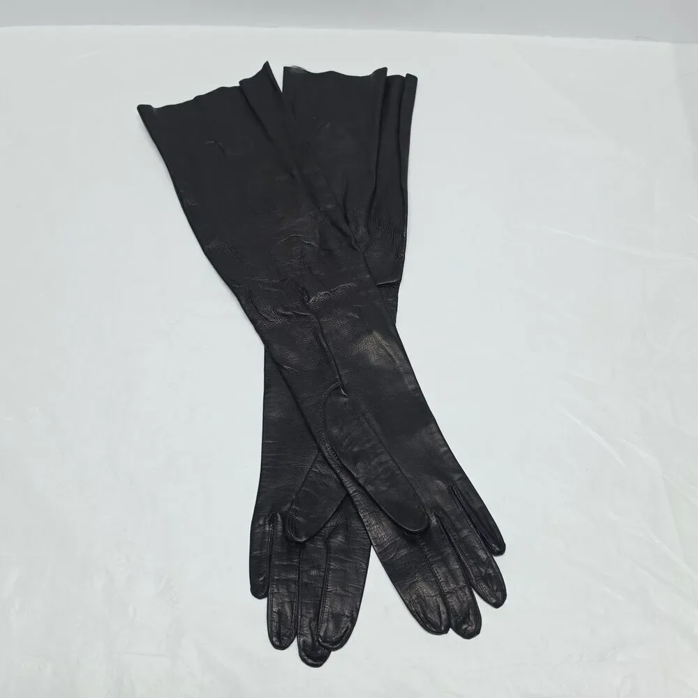 Vintage Genuine Black Leather Elbow Length Gloves 18